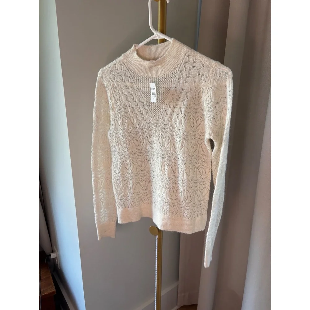 NWT-LOFT Pointelle Mock Neck Sweater‎ Cream Ivory Open Knit Wool Blend Small